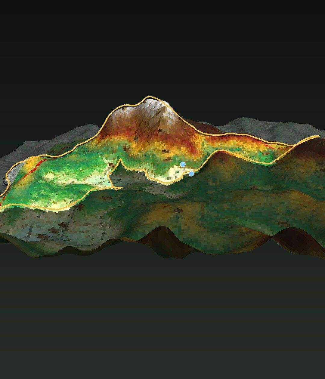Relieve 3D del predio Veinte Casas Sinaí con su límite en dorado
