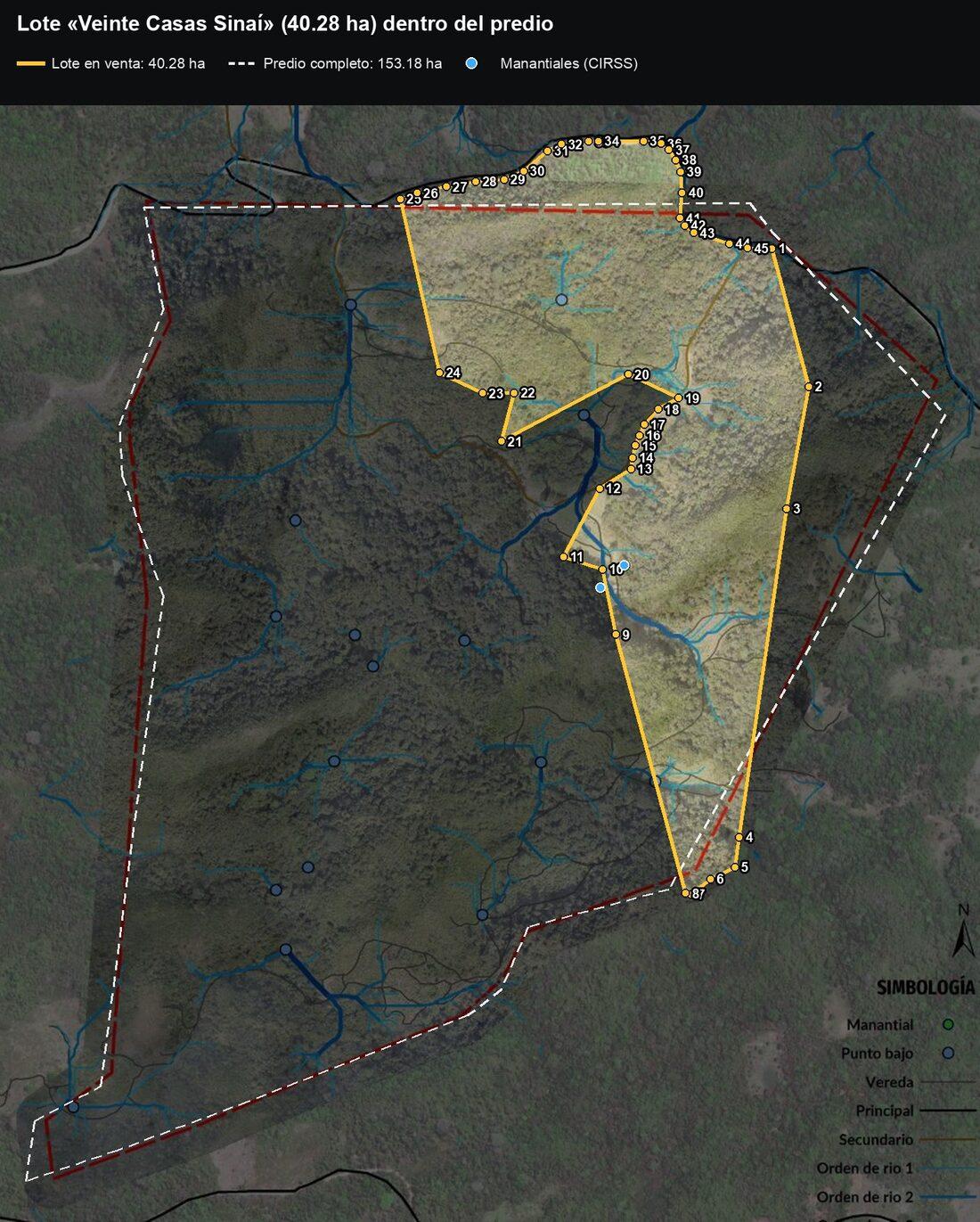 Mapa: el lote de 40.28 ha resaltado en dorado dentro del predio Veinte Casas